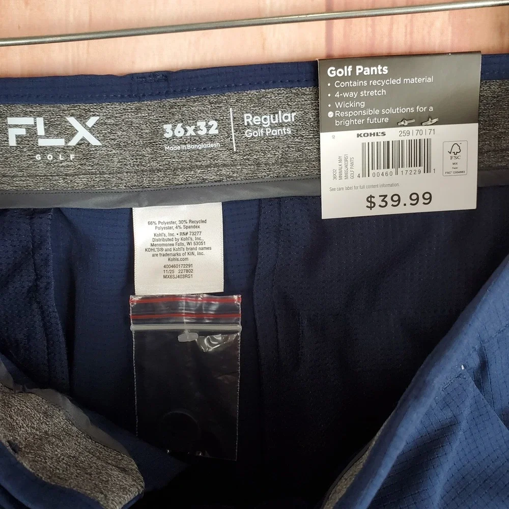 FLX Mens Golf Pants Sz 34 34X32 True Navy Blue Polyester Stretch Slash Pockets
